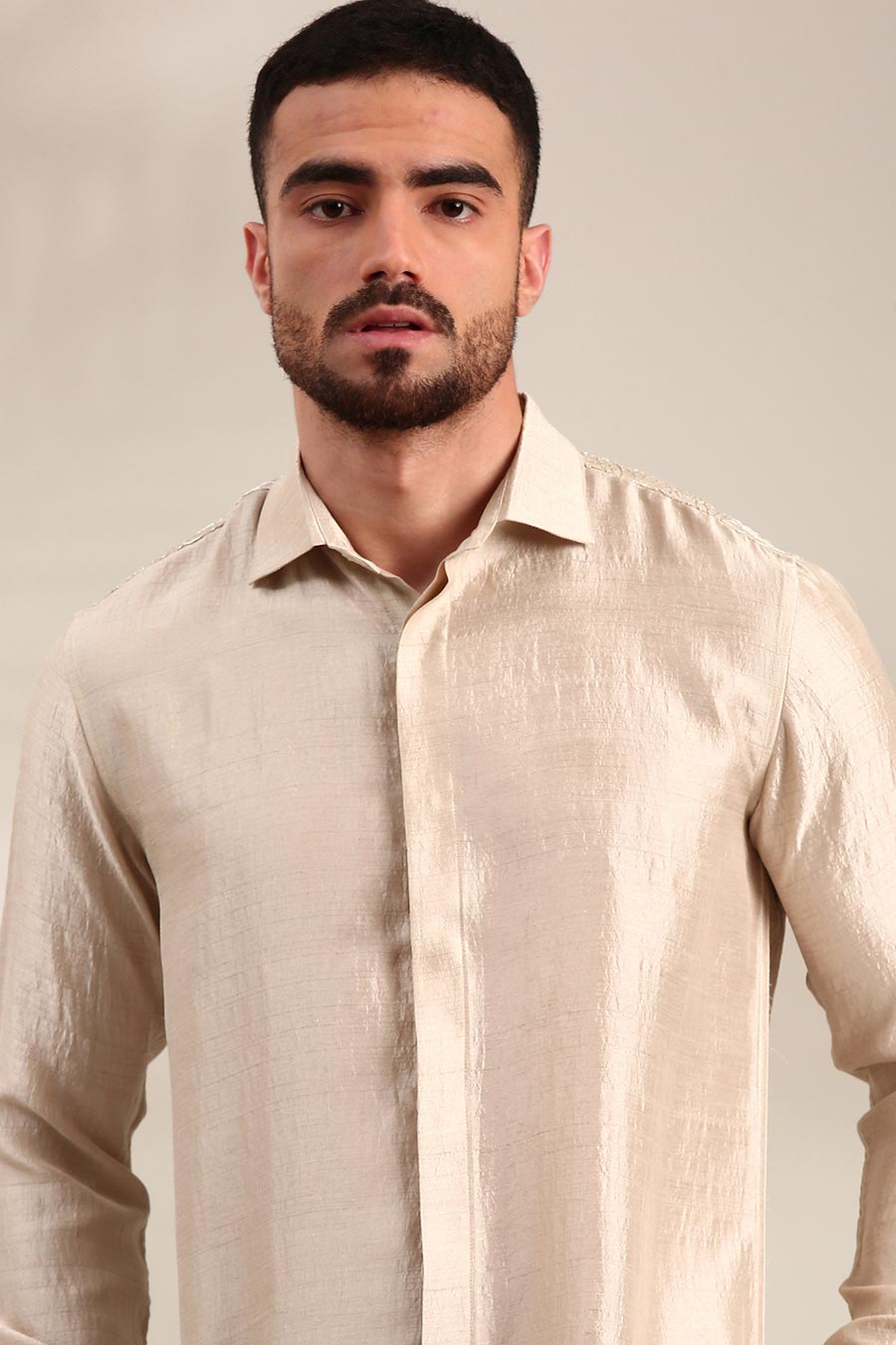 Cream Slub Silk Embroidered Shirt
