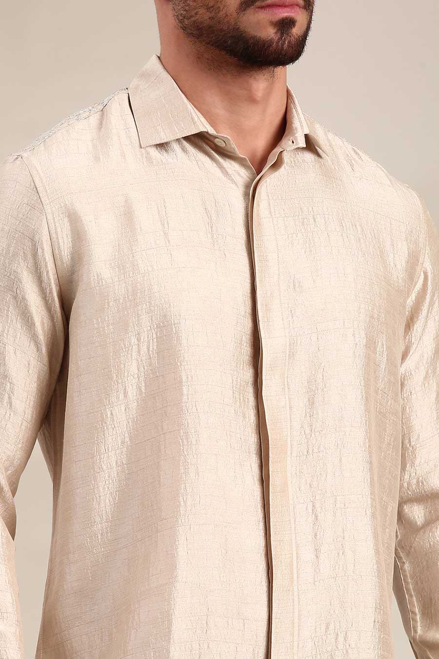 Cream Slub Silk Embroidered Shirt