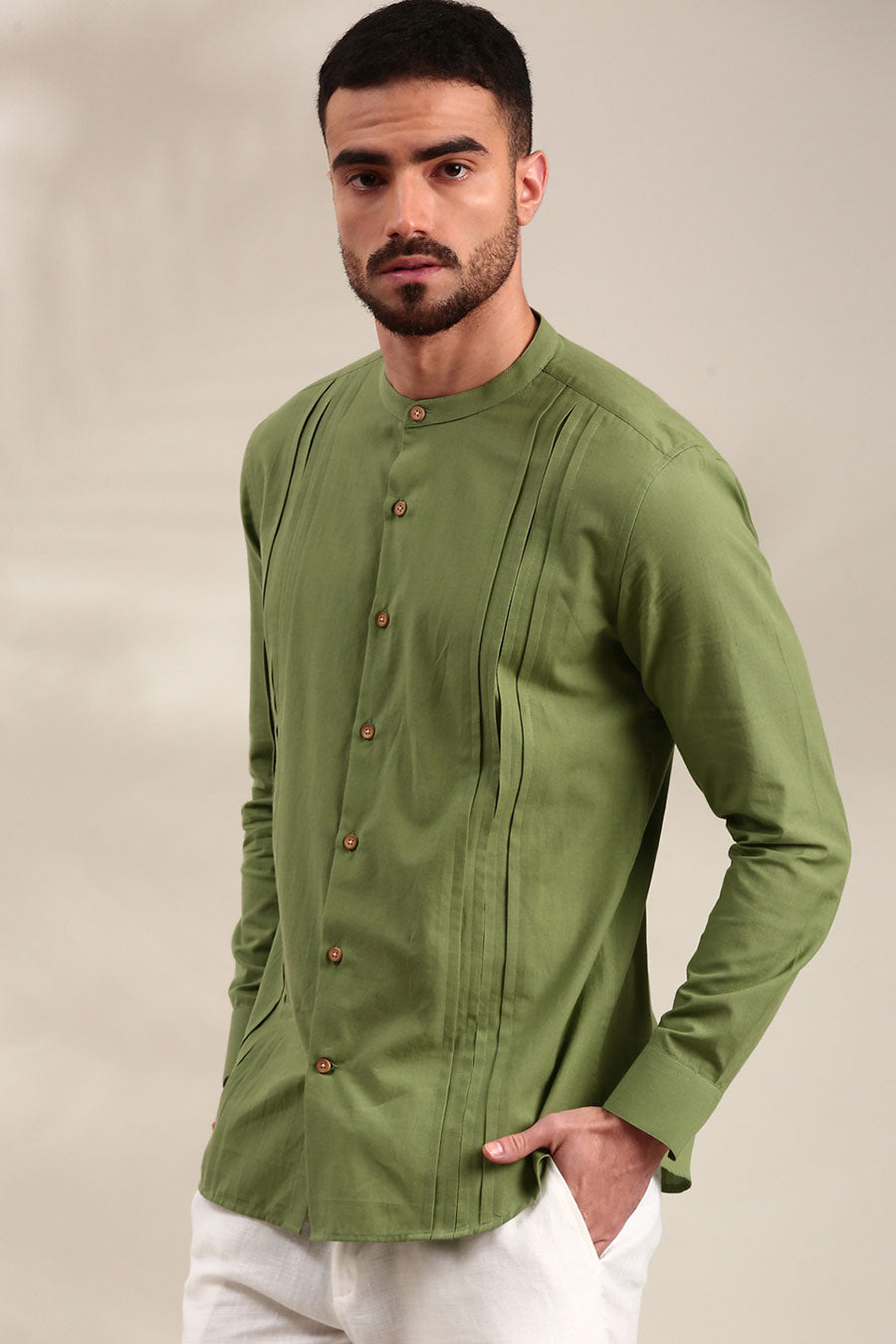 Green Cotton Pleated Shirt