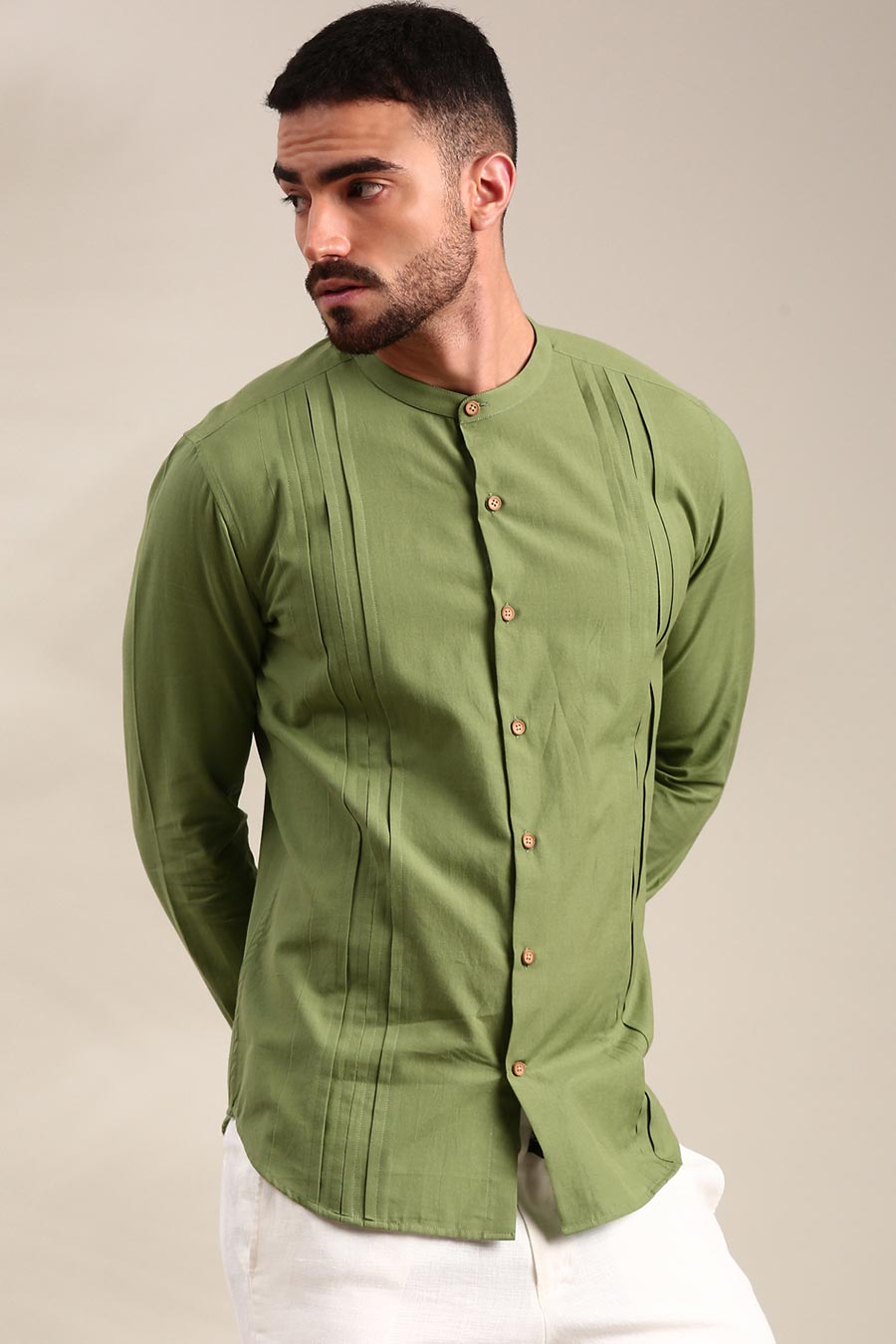 Green Cotton Pleated Shirt