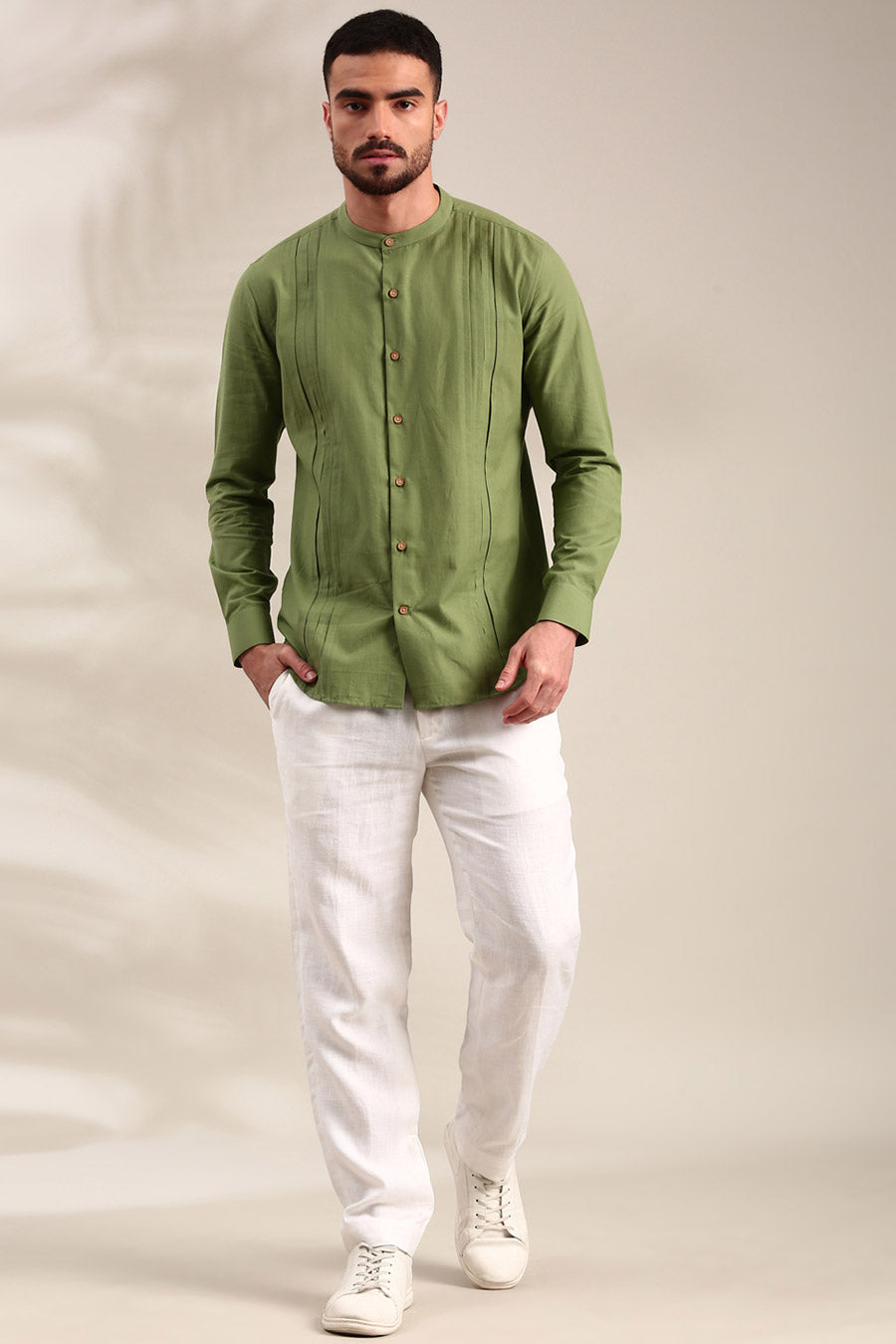 Green Cotton Pleated Shirt