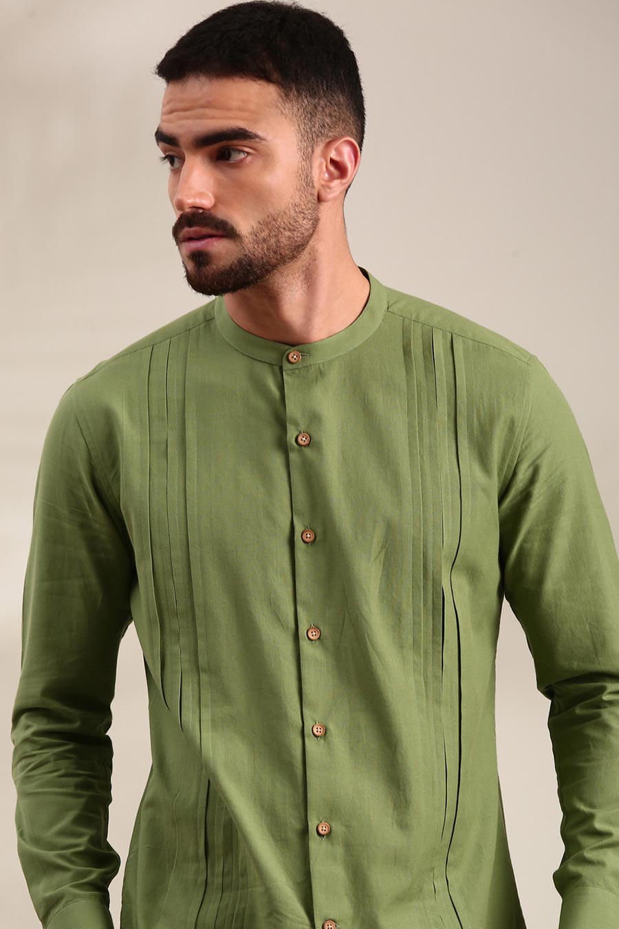 Green Cotton Pleated Shirt