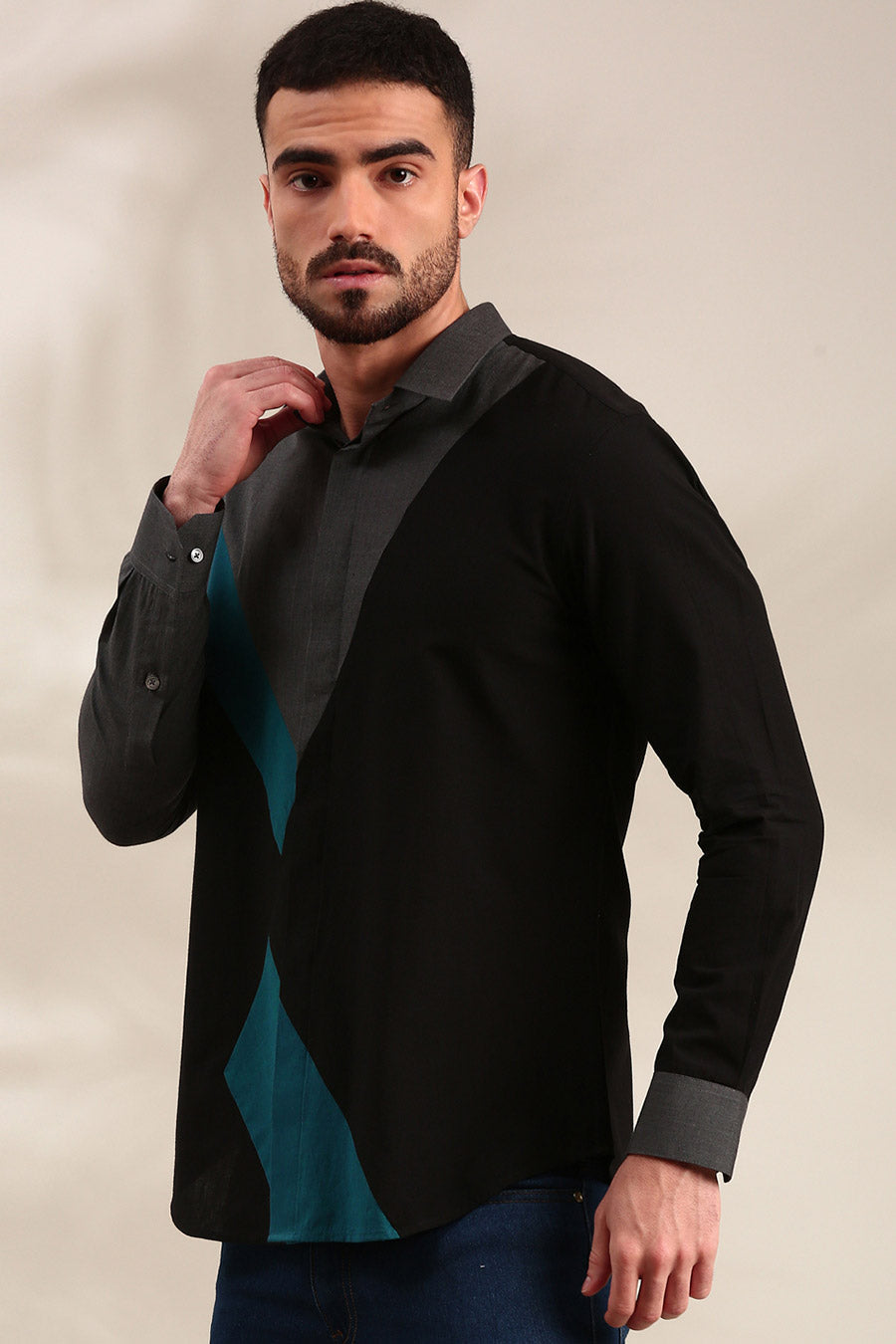 Black Cotton Panelled Shirt