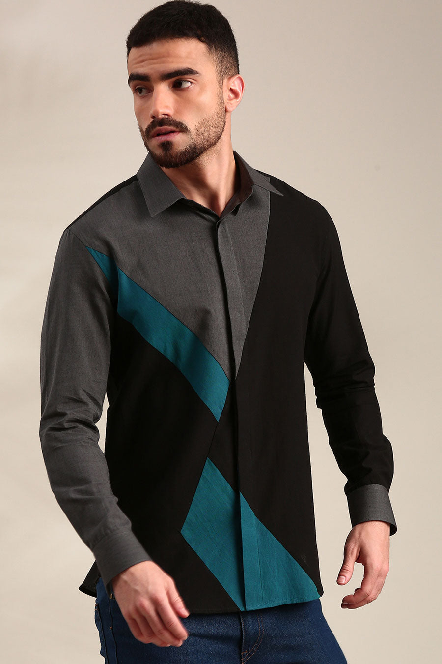 Black Cotton Panelled Shirt
