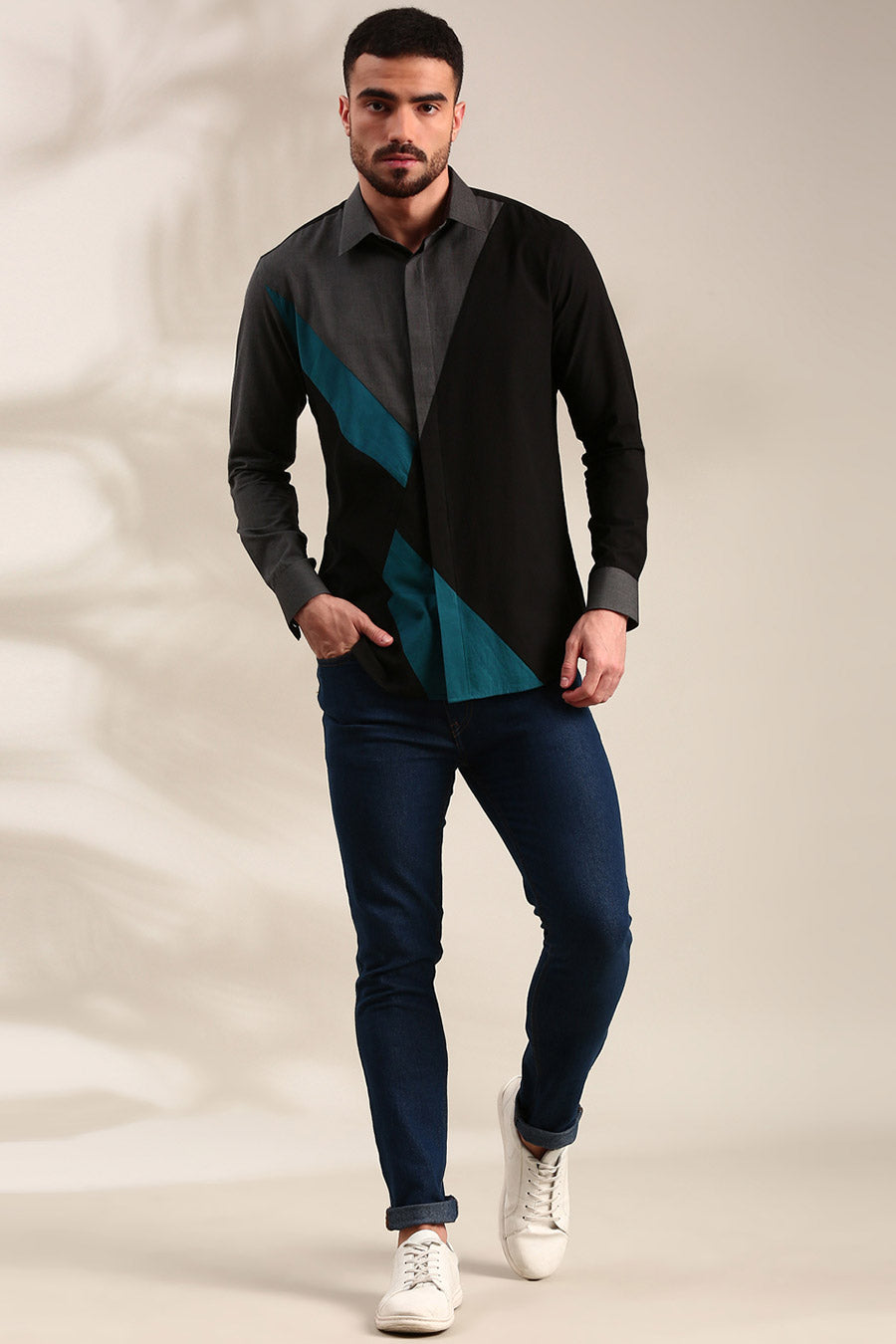 Black Cotton Panelled Shirt