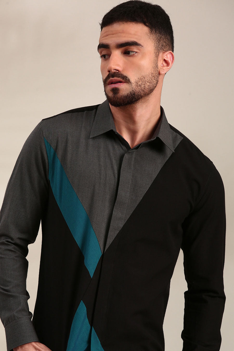 Black Cotton Panelled Shirt