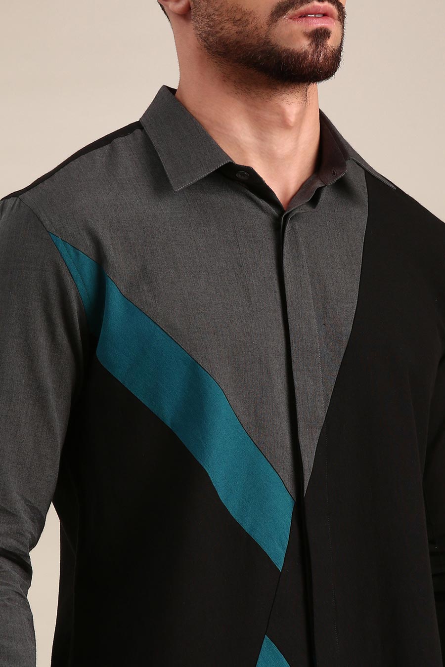 Black Cotton Panelled Shirt