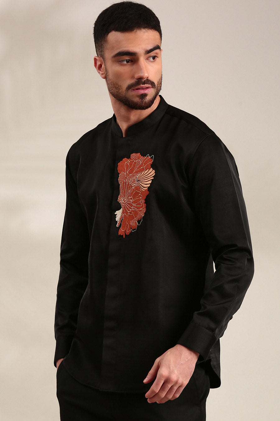 Black Slub Silk Embroidered Shirt