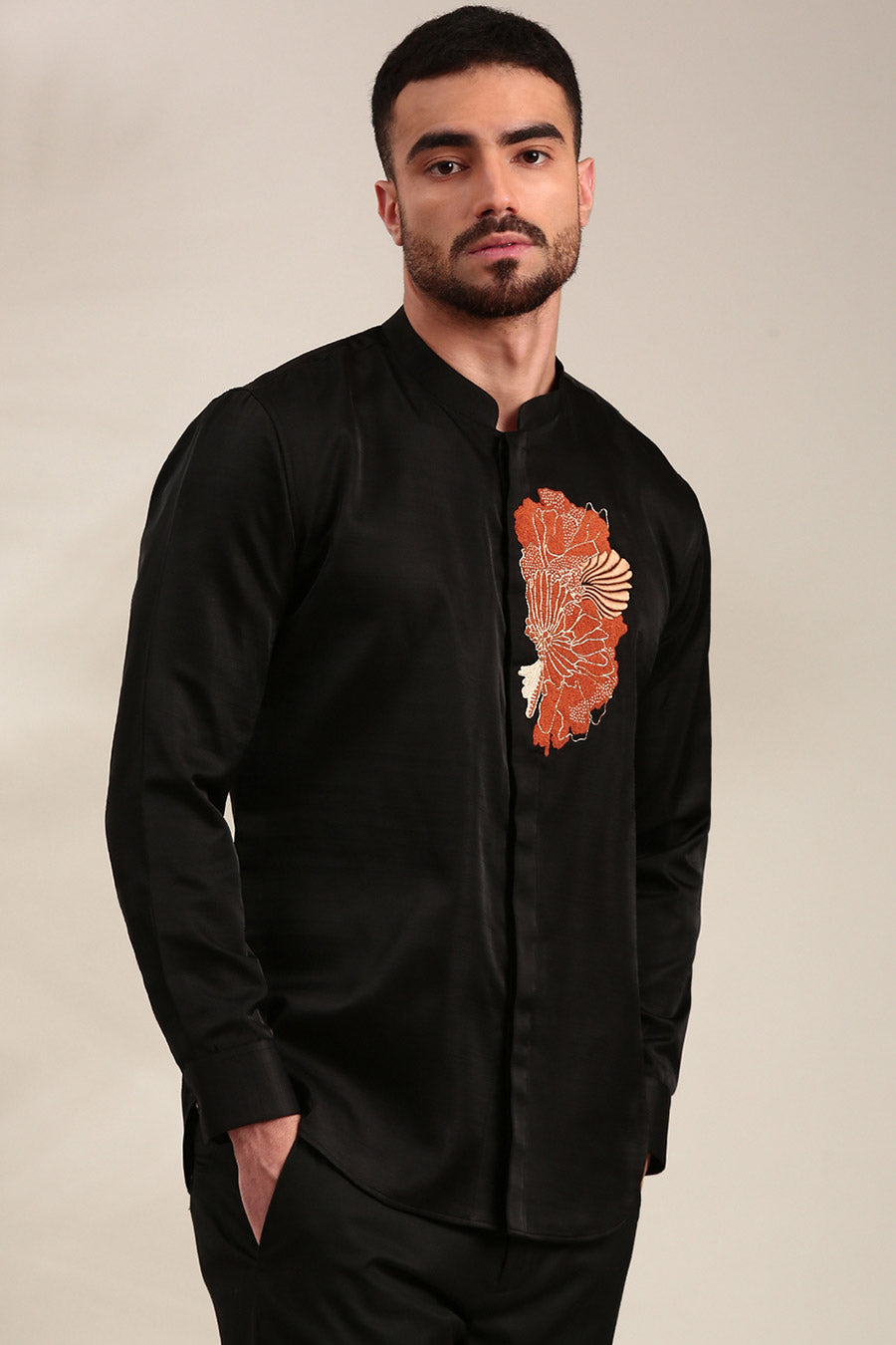 Black Slub Silk Embroidered Shirt