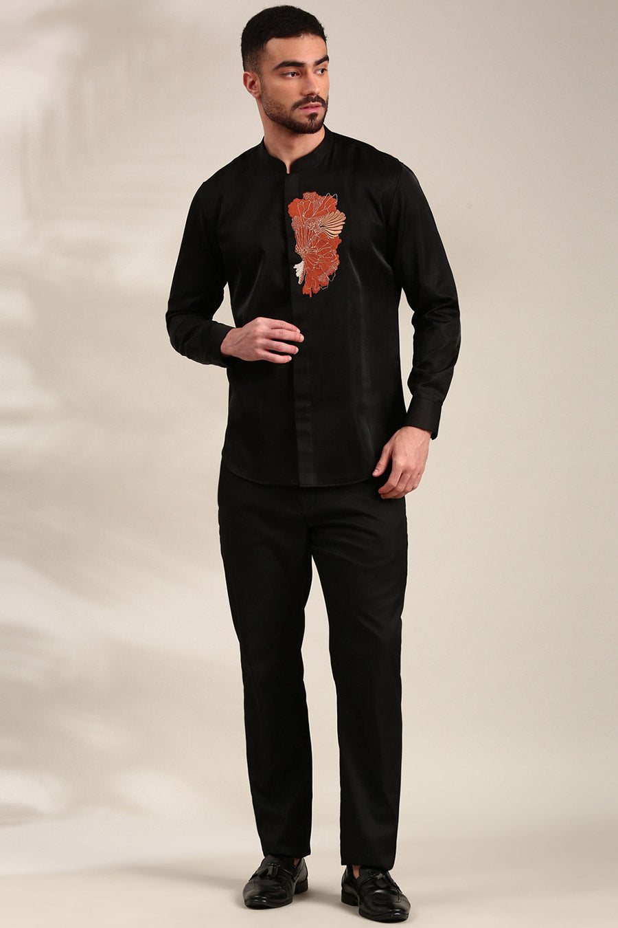 Black Slub Silk Embroidered Shirt