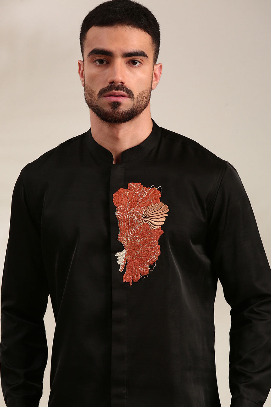 Black Slub Silk Embroidered Shirt