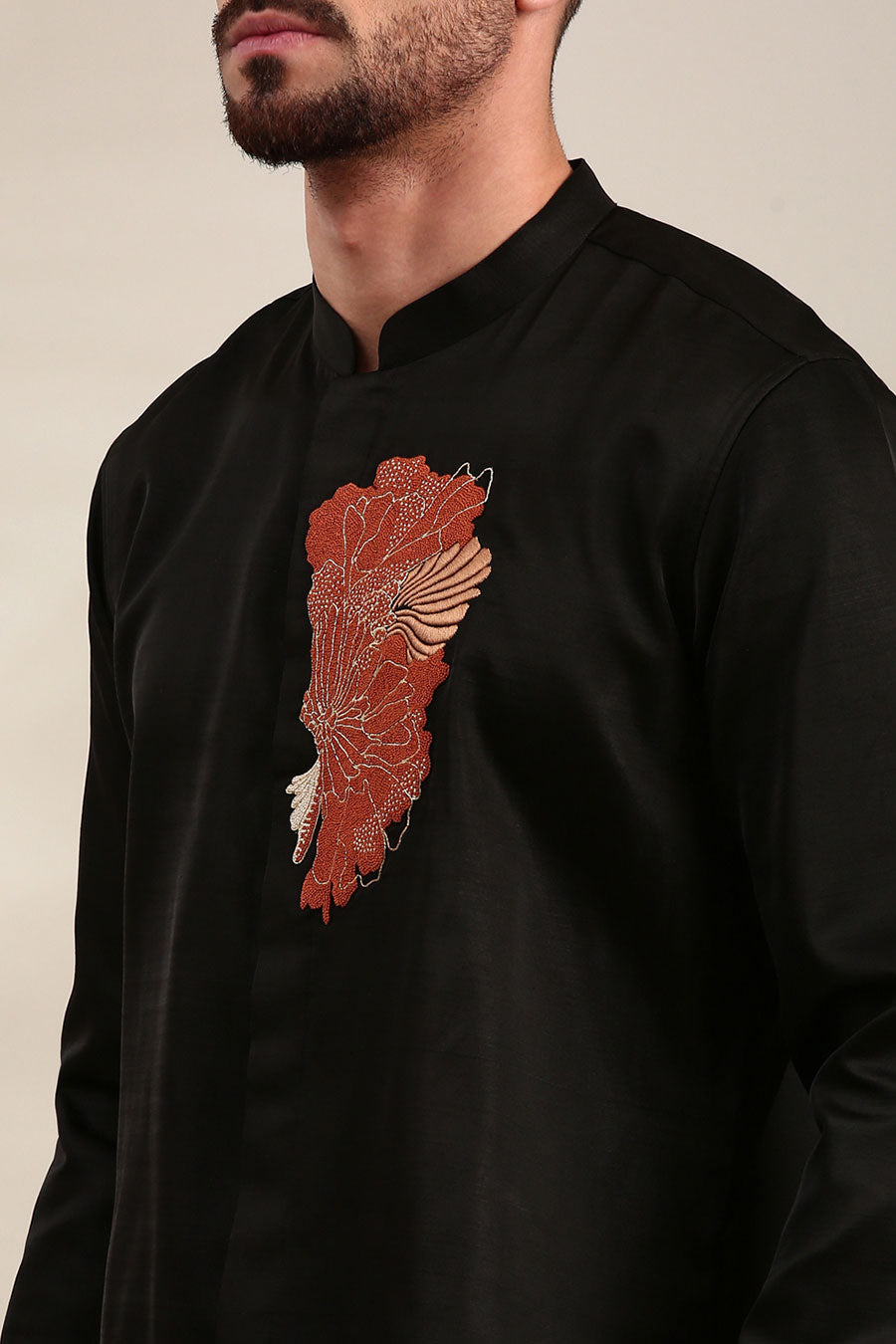 Black Slub Silk Embroidered Shirt
