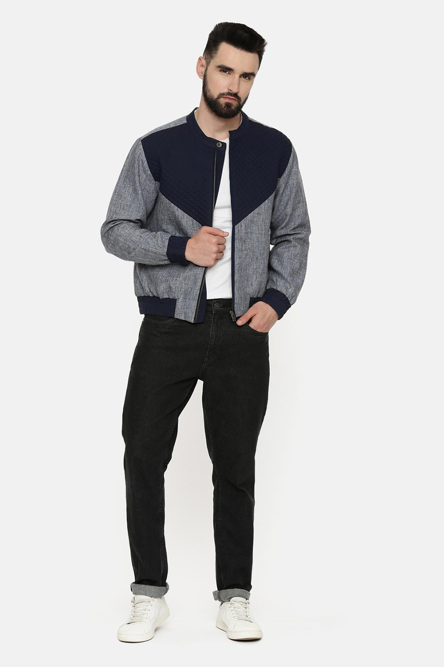Blue & Grey Quilted Bomber Jacket
