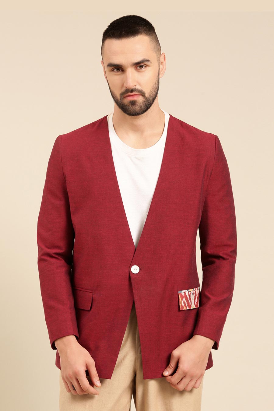 Wine Blazer & Beige Pant Set