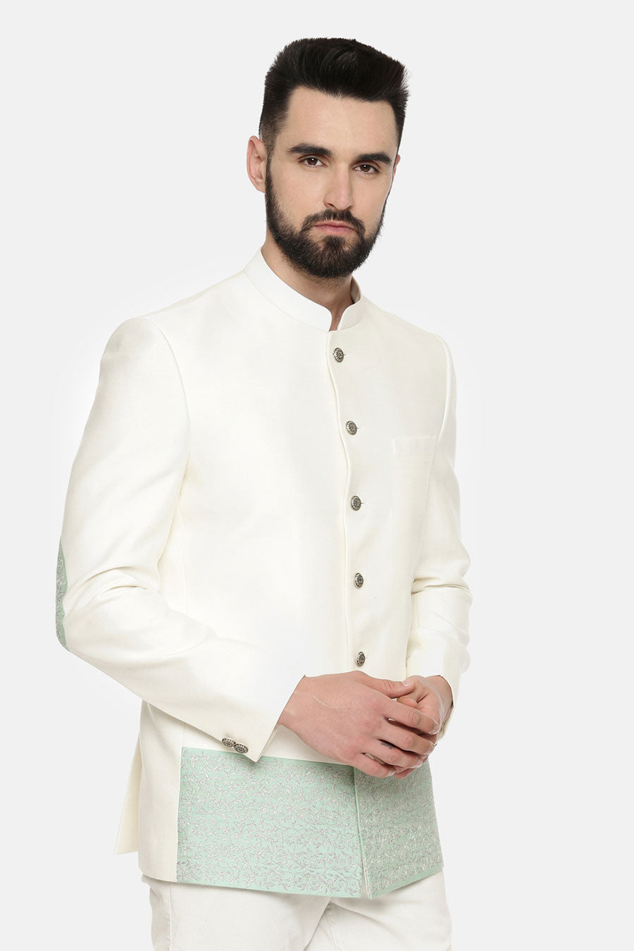 Ivory Green Embroidered Bandhgala