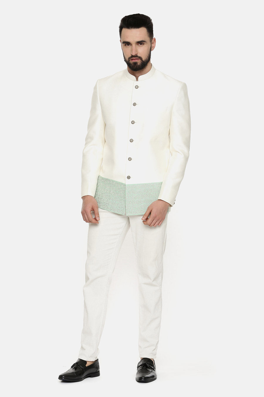 Ivory Green Embroidered Bandhgala