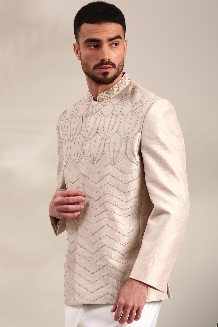 Cream Slub Silk Embroidered Bandhgala