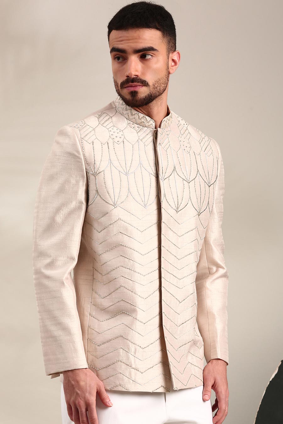 Cream Slub Silk Embroidered Bandhgala