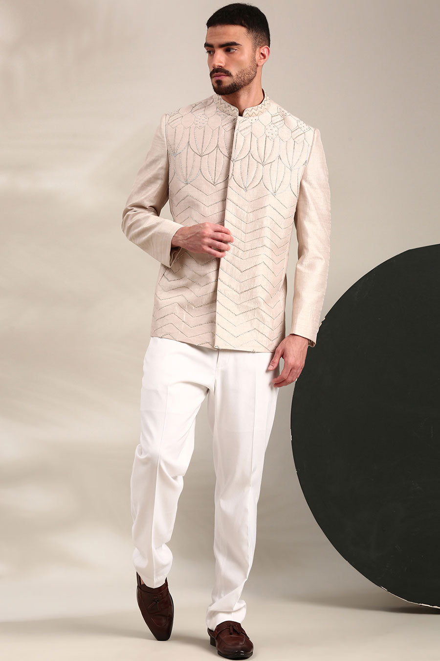 Cream Slub Silk Embroidered Bandhgala