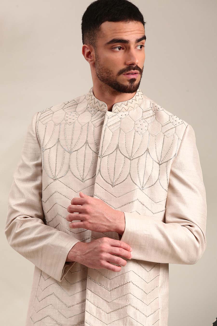 Cream Slub Silk Embroidered Bandhgala