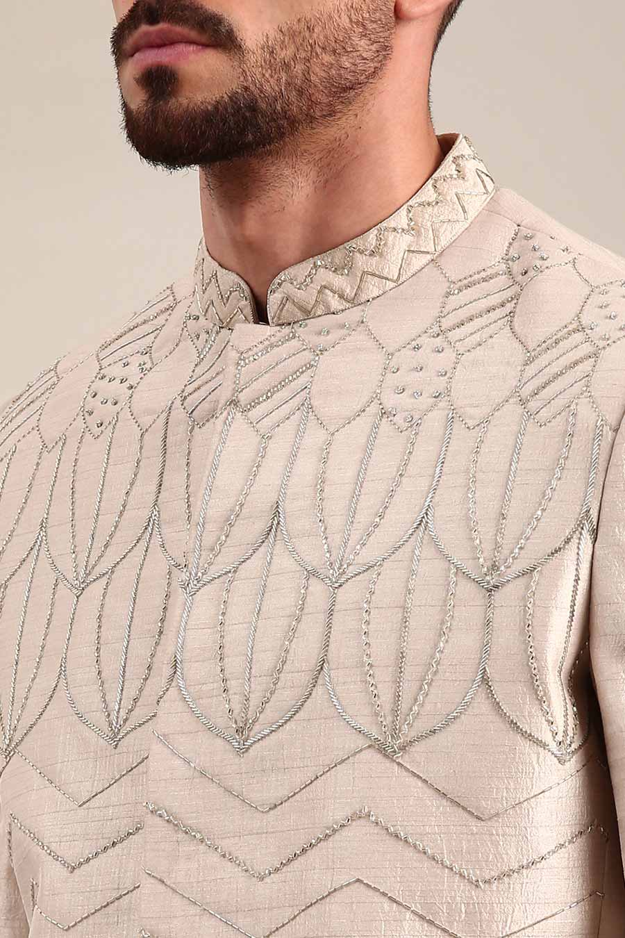 Cream Slub Silk Embroidered Bandhgala
