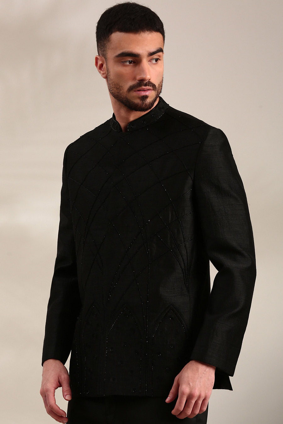 Black Slub Silk Embroidered Bandhgala