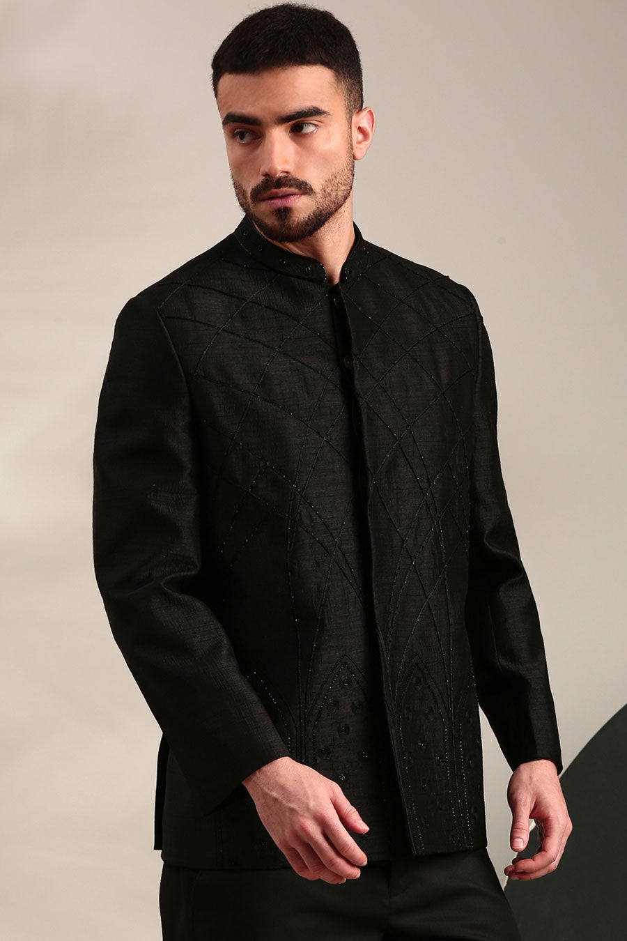 Black Slub Silk Embroidered Bandhgala