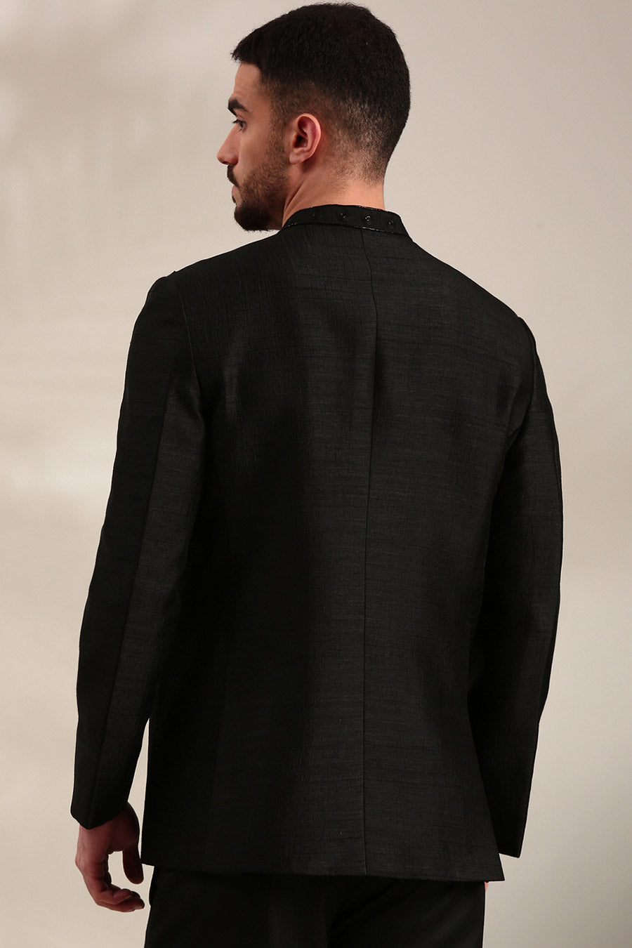 Black Slub Silk Embroidered Bandhgala