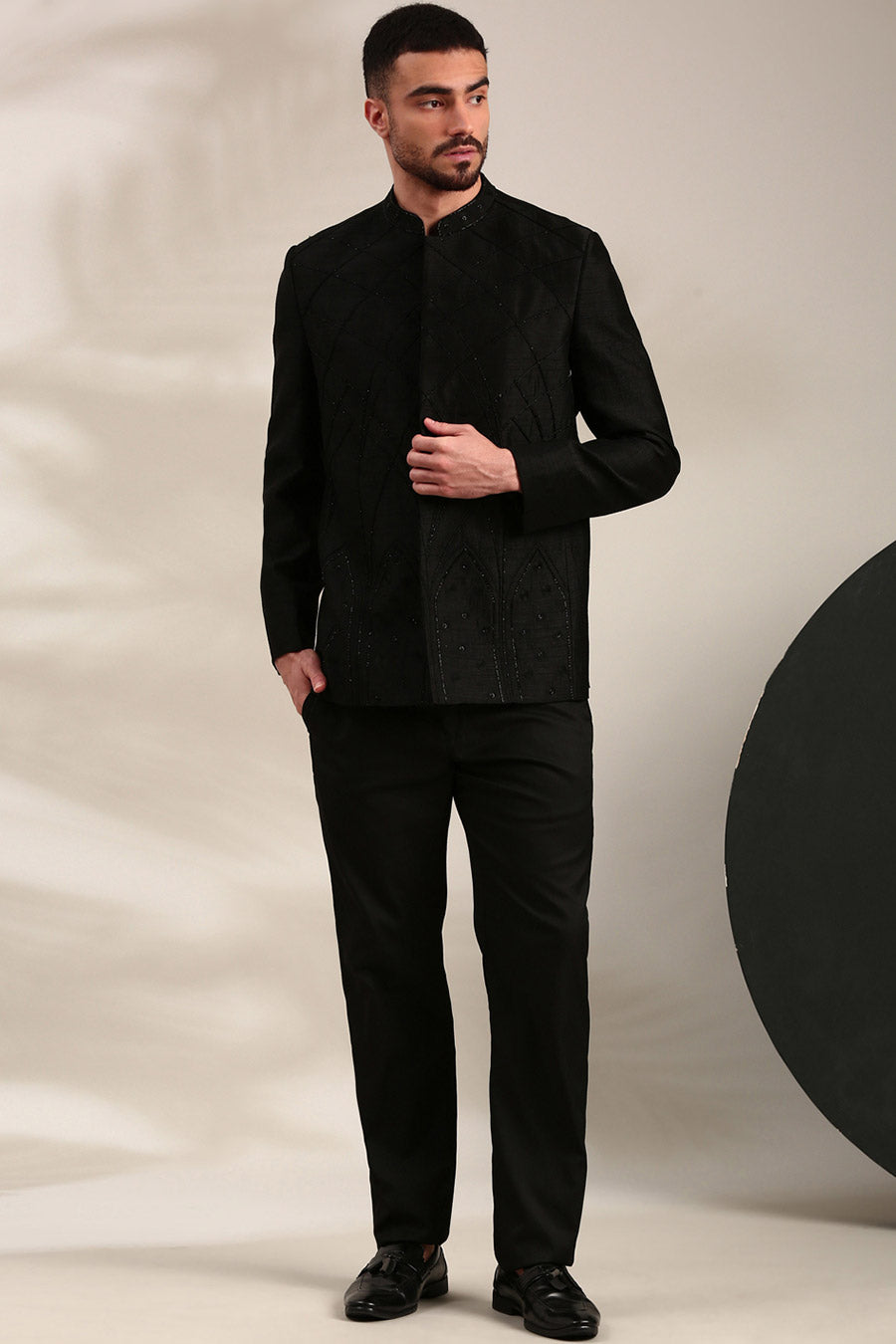 Black Slub Silk Embroidered Bandhgala