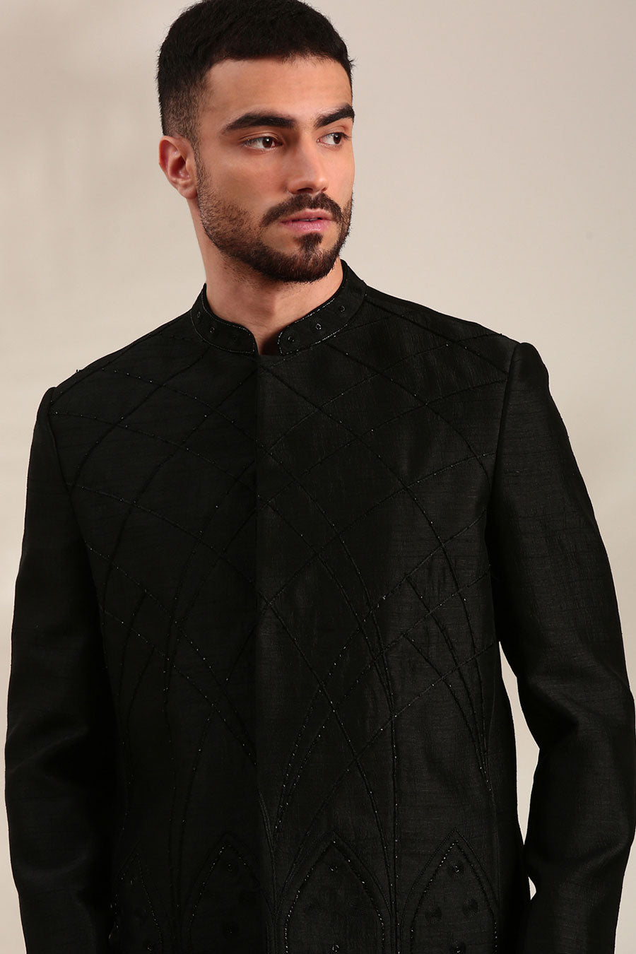 Black Slub Silk Embroidered Bandhgala
