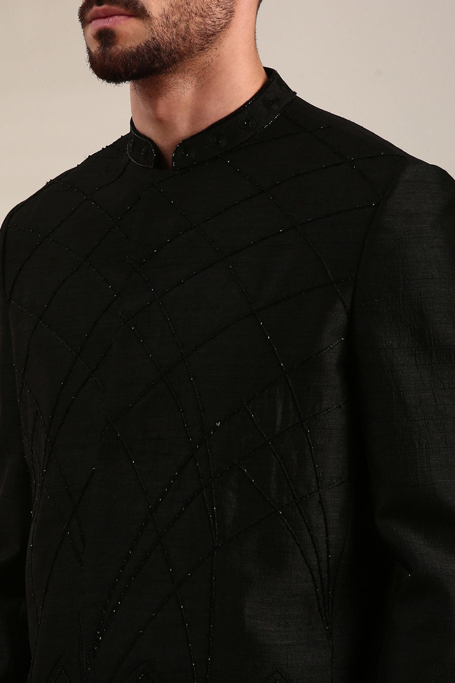 Black Slub Silk Embroidered Bandhgala