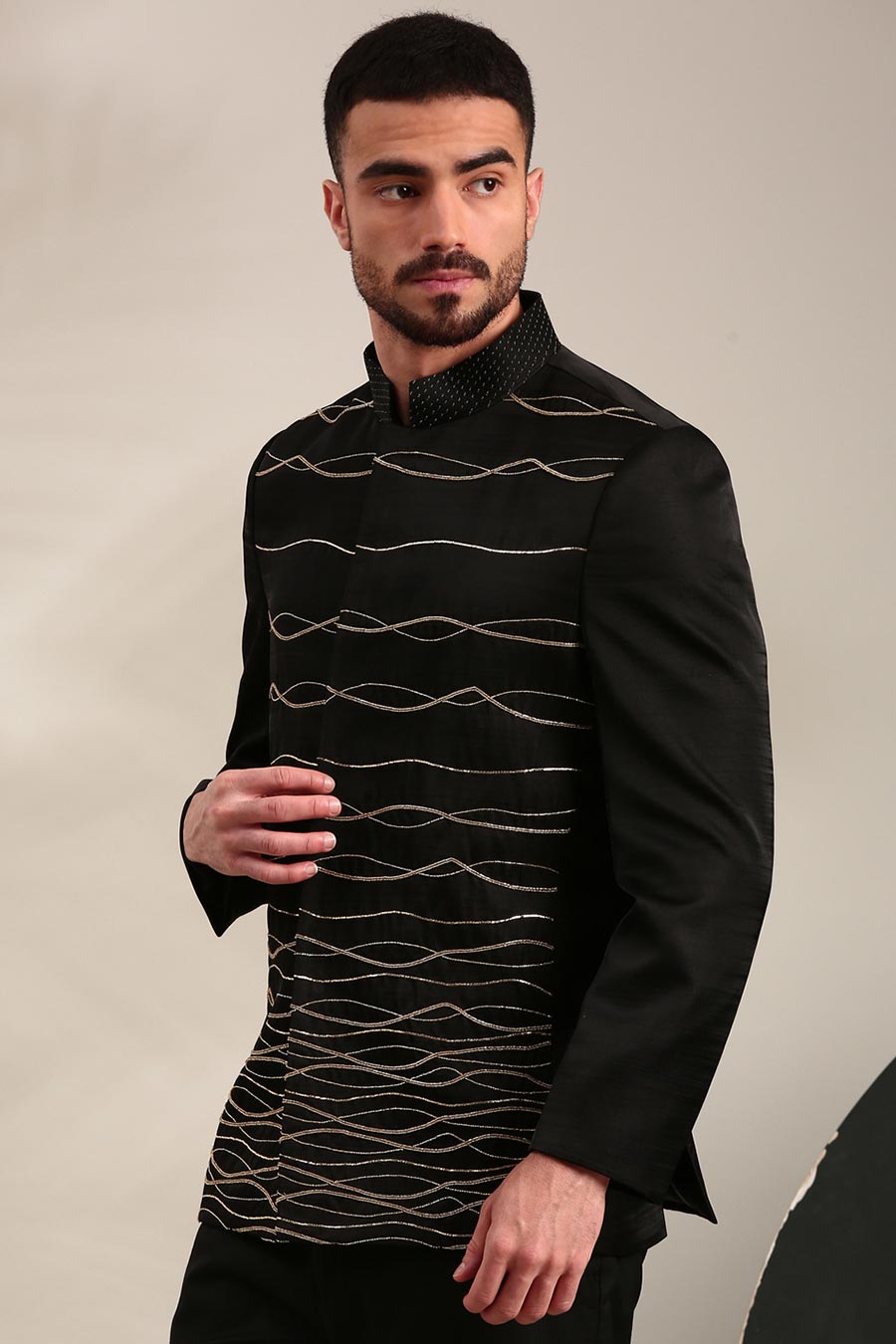 Black Slub Silk Embroidered Bandhgala