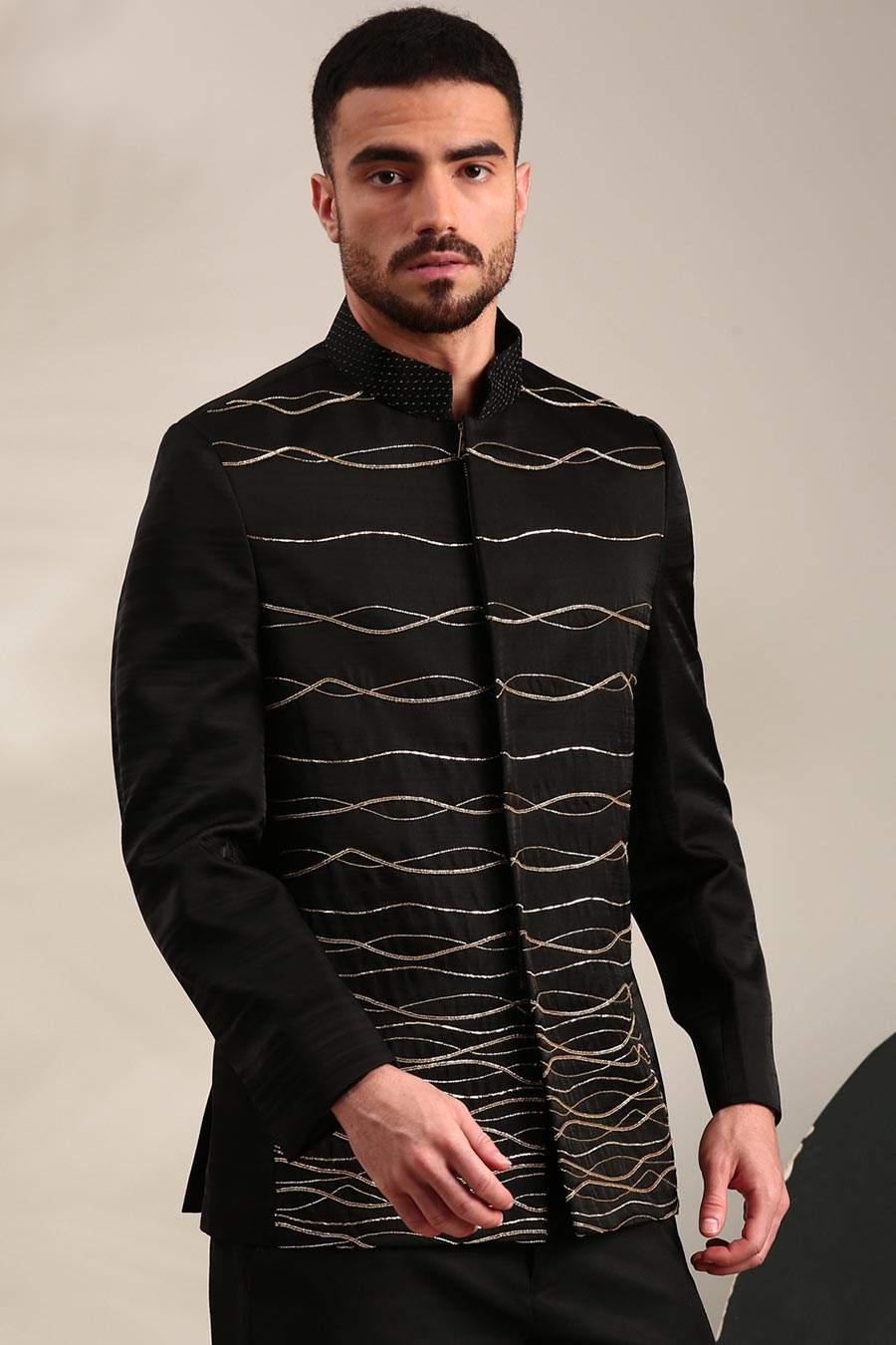 Black Slub Silk Embroidered Bandhgala