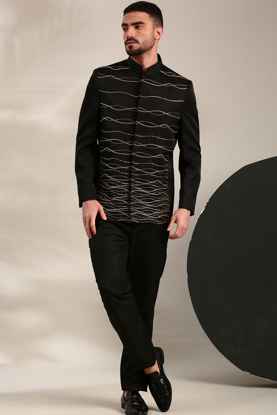 Black Slub Silk Embroidered Bandhgala