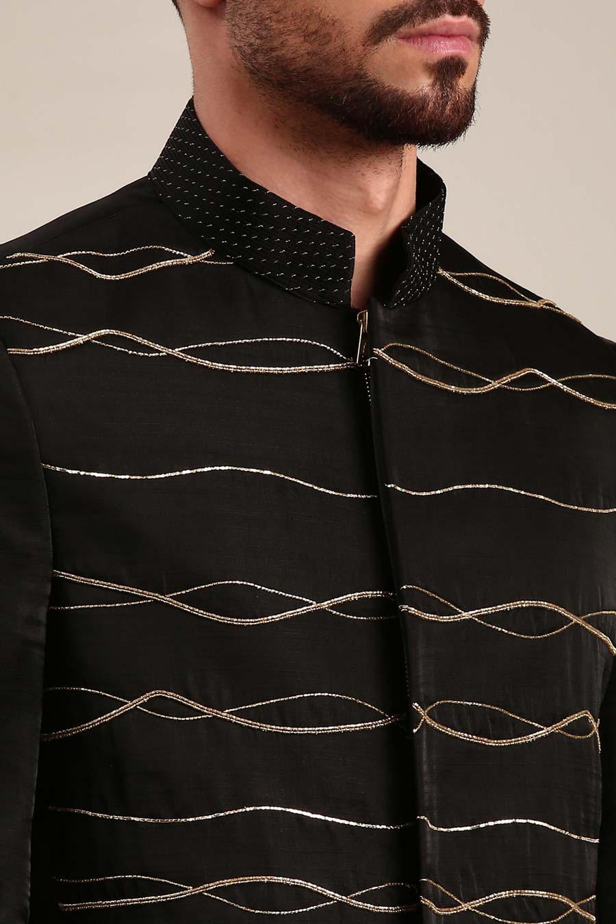 Black Slub Silk Embroidered Bandhgala