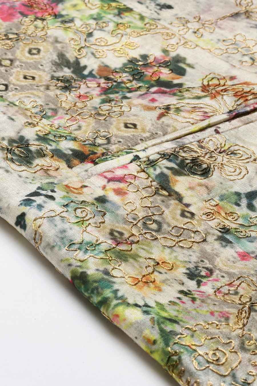 Beige Printed Chanderi Open Blazer