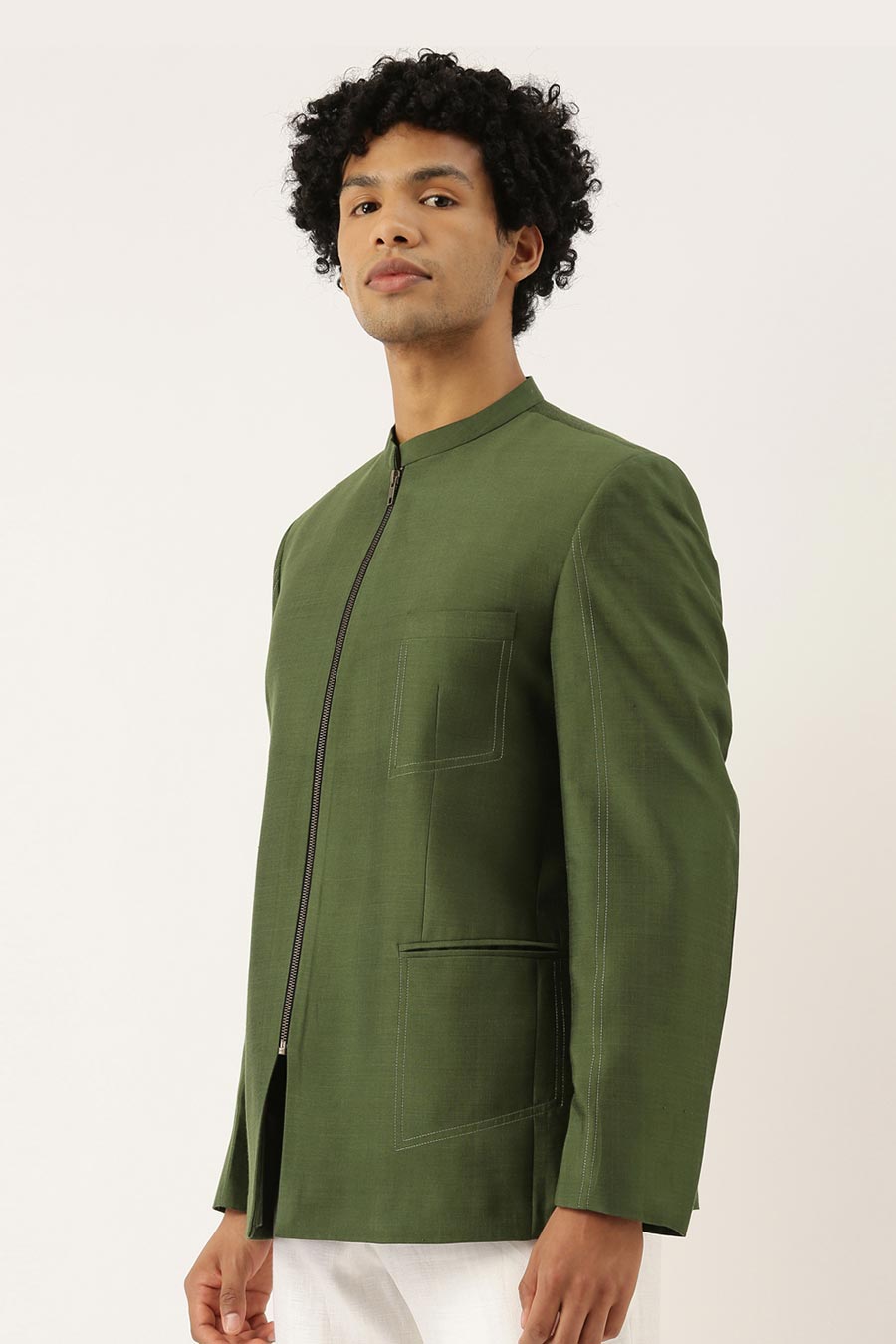 Green Cotton Silk Zipper Bandhgala
