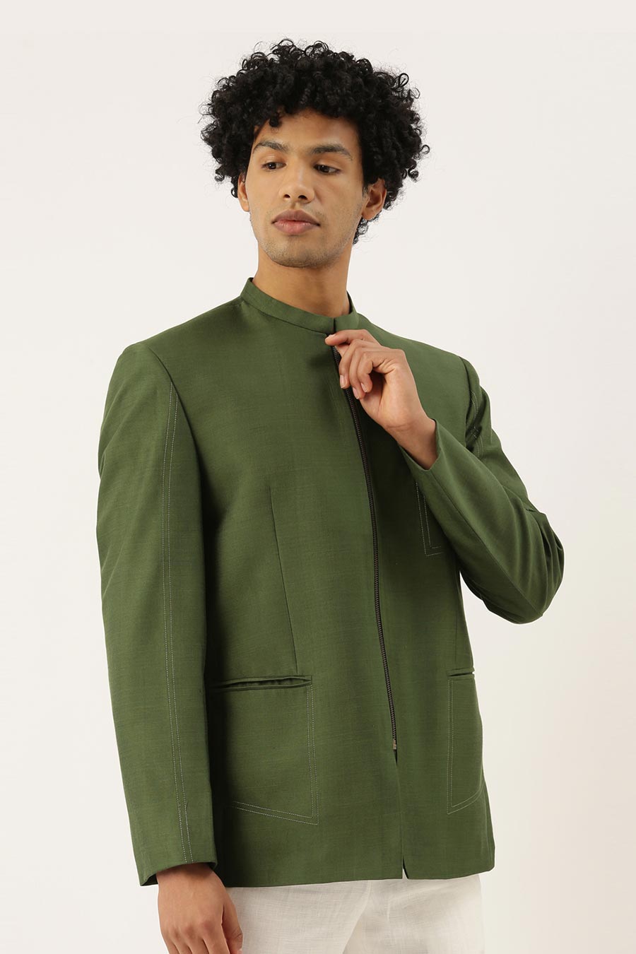 Green Cotton Silk Zipper Bandhgala