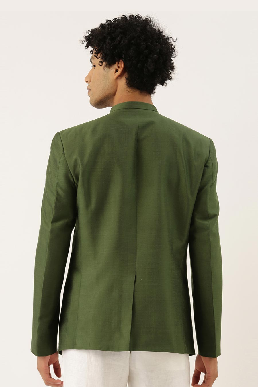 Green Cotton Silk Zipper Bandhgala