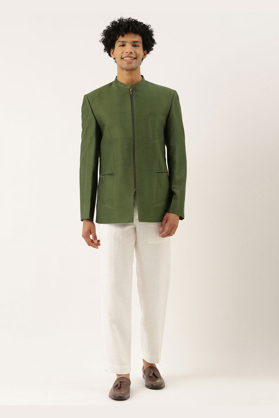 Green Cotton Silk Zipper Bandhgala