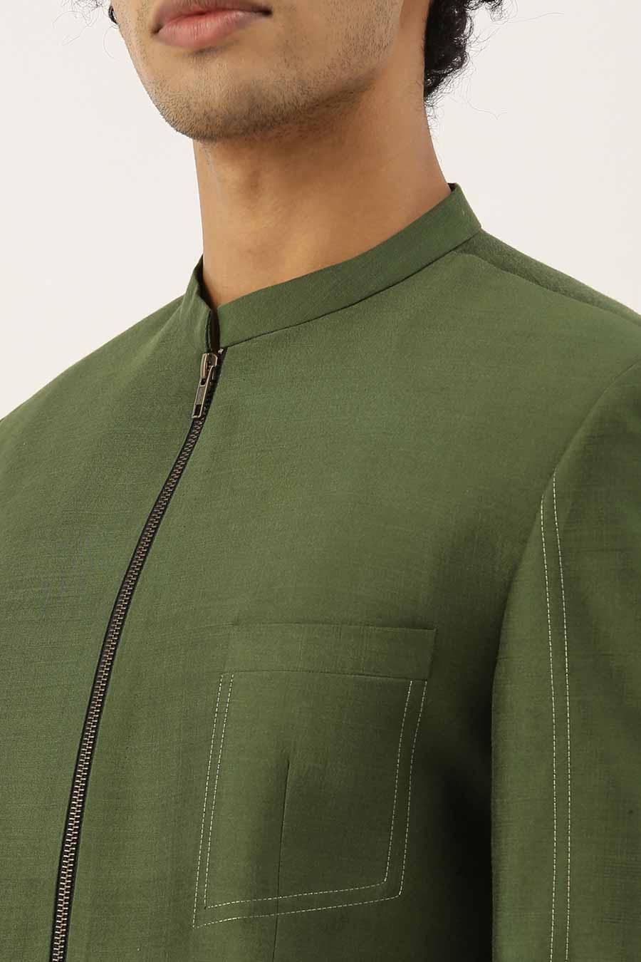 Green Cotton Silk Zipper Bandhgala