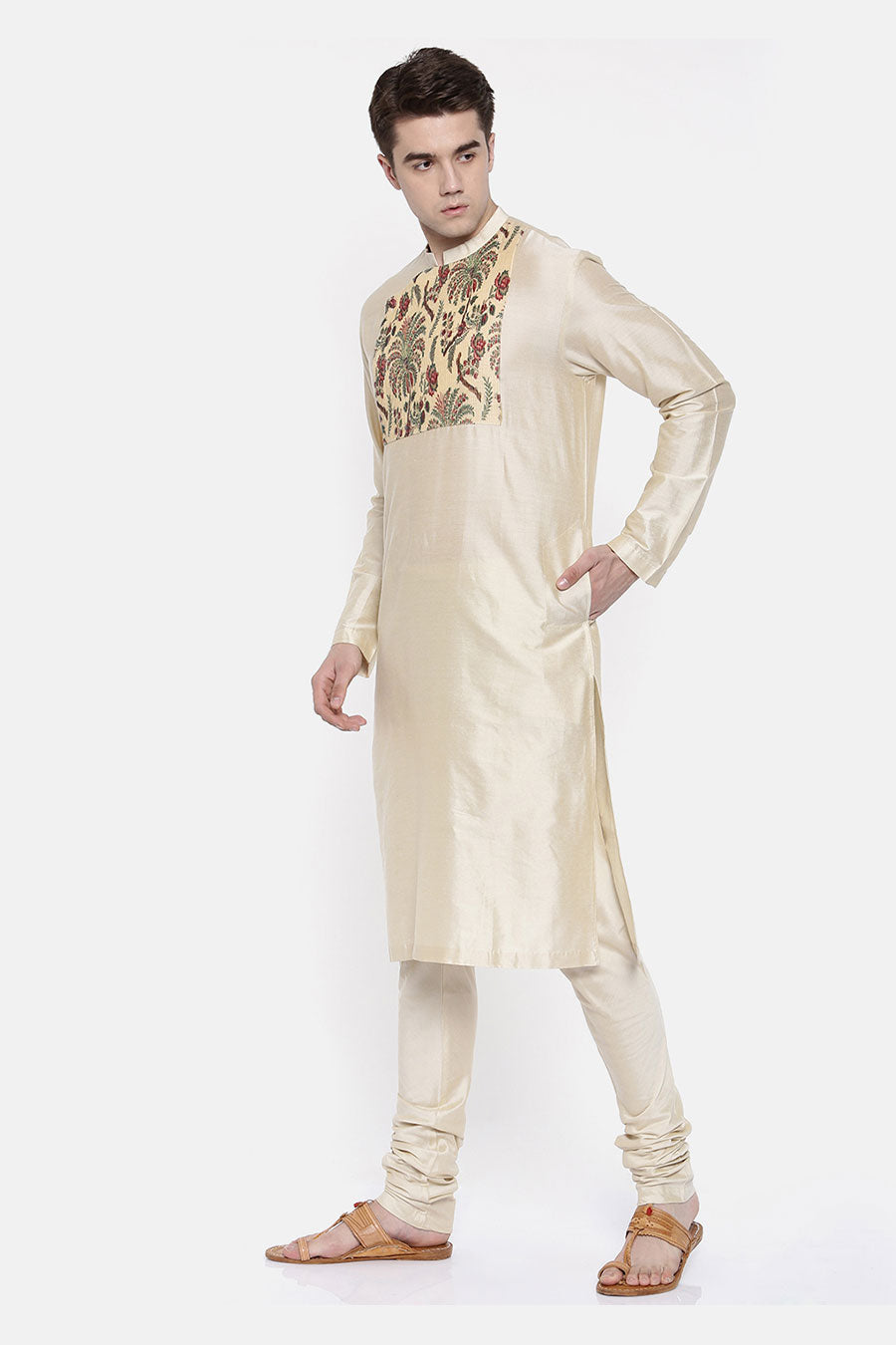 Beige Printed Overlap Kurta Set