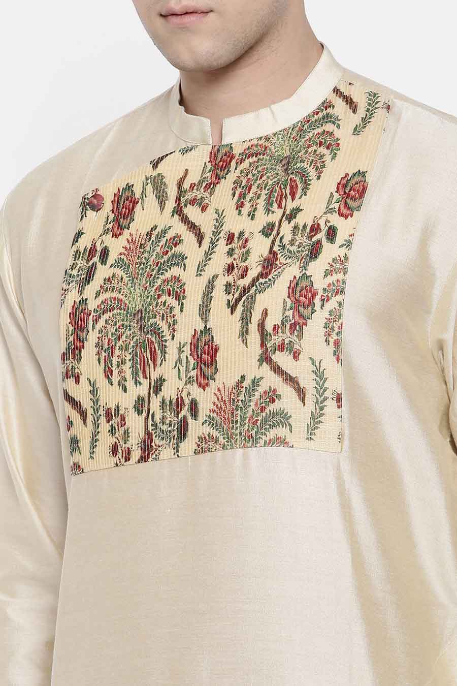 Beige Printed Overlap Kurta Set