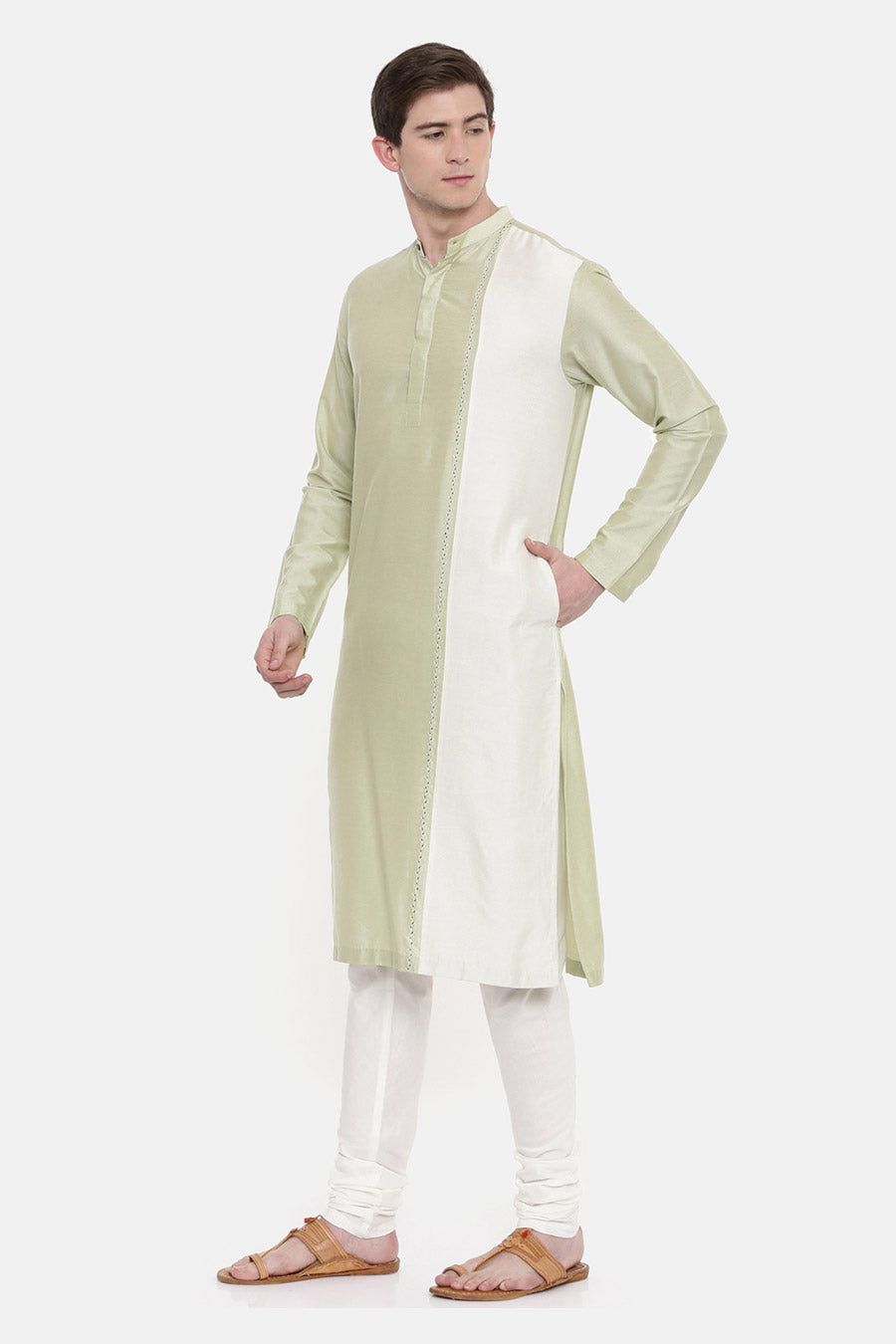 Green & Ivory Panelled Kurta Set