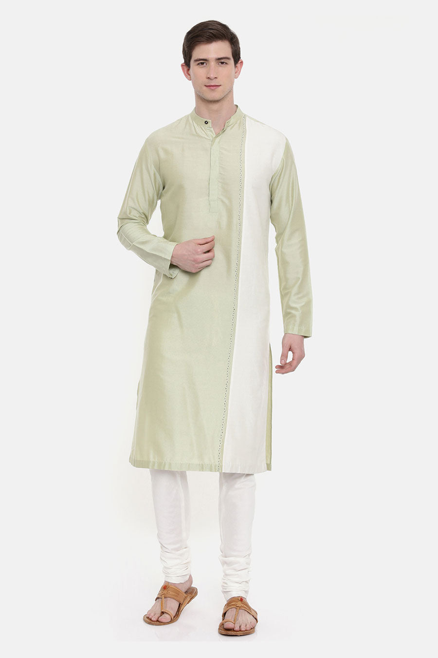 Green & Ivory Panelled Kurta Set
