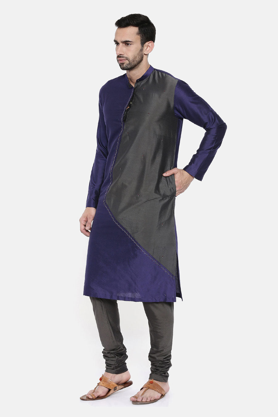 Blue & Grey Panelled Kurta Set