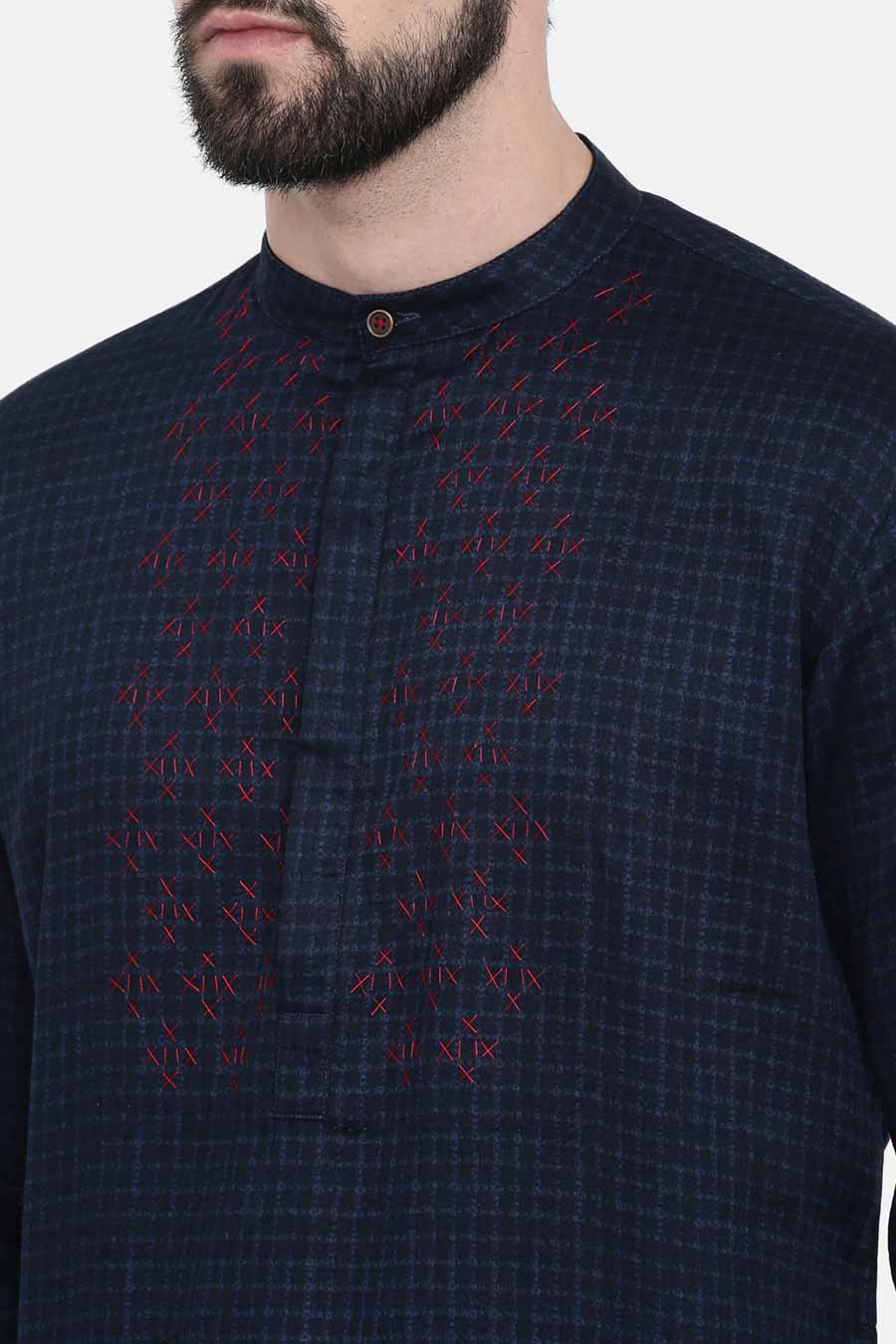 Navy Blue Stitch-Detailed Kurta Set