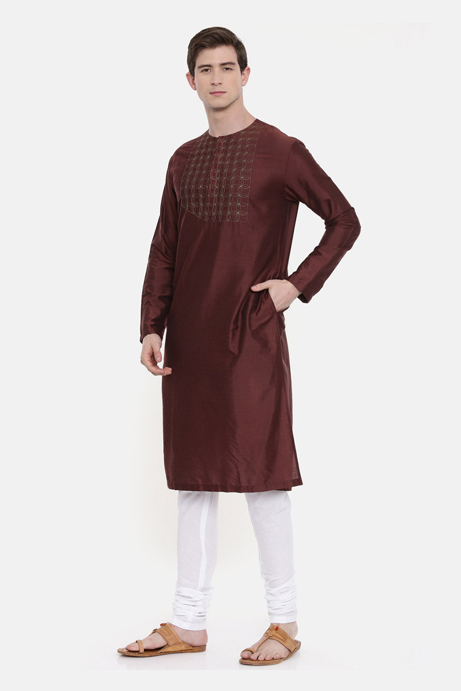 Brown Stitch-Detailed Kurta Set