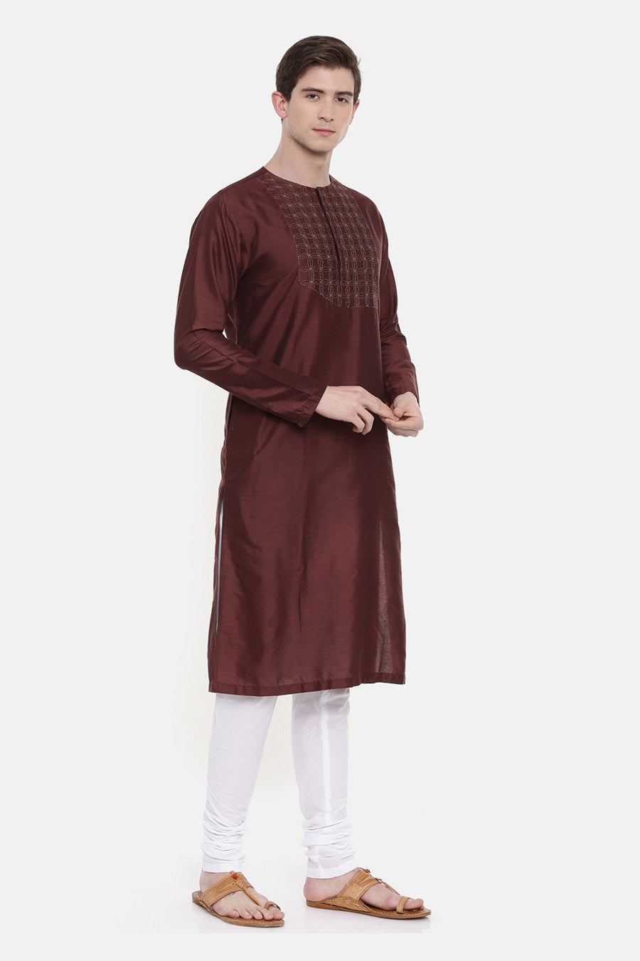 Brown Stitch-Detailed Kurta Set