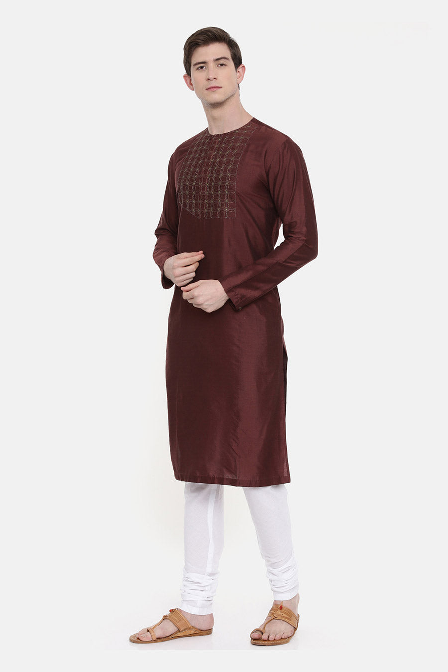 Brown Stitch-Detailed Kurta Set